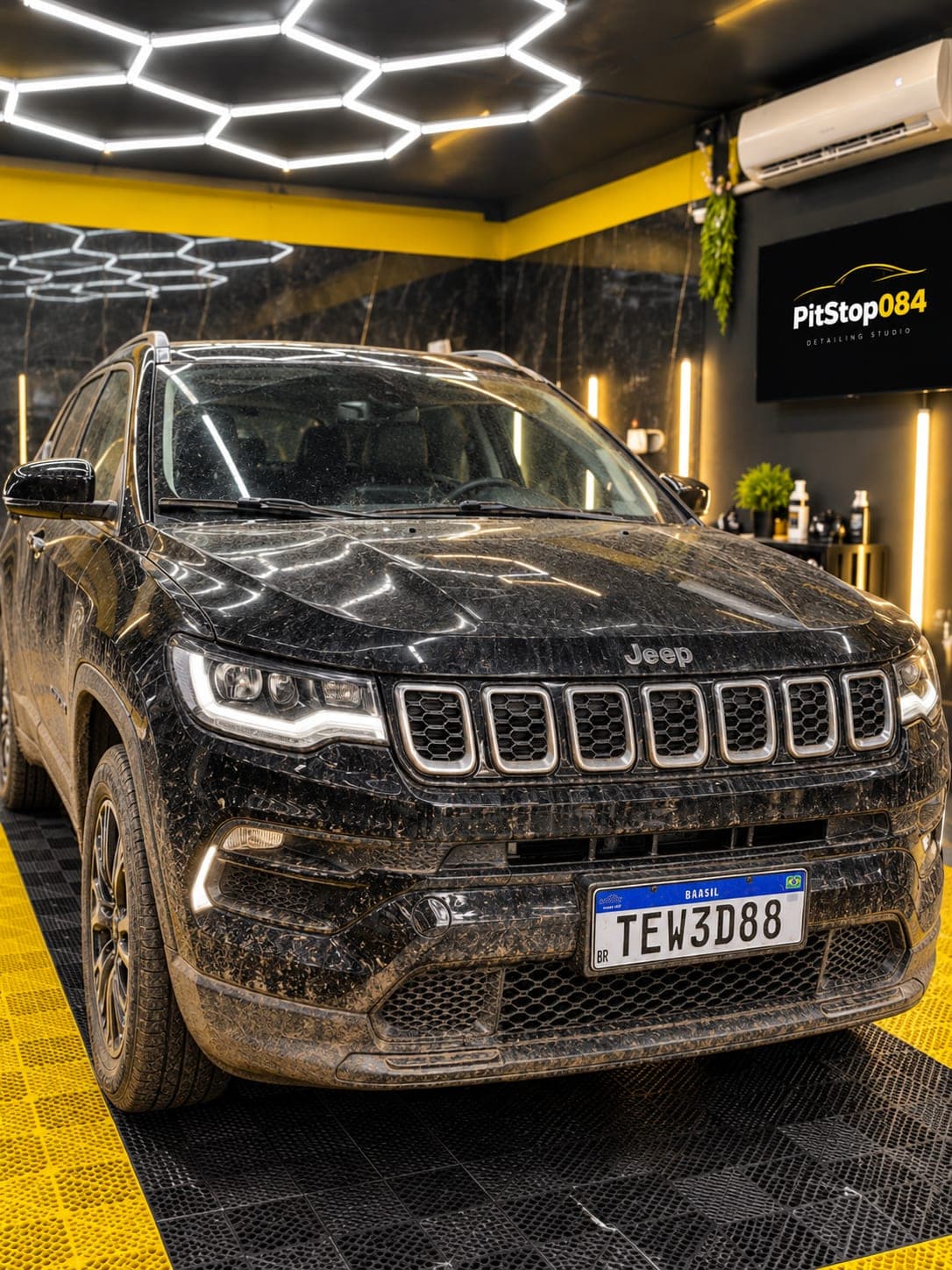 Jeep Compass preto coberto de lama no box da PitStop084, antes da lavagem